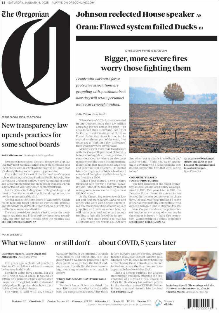 Portada de The Oregonian (USA)