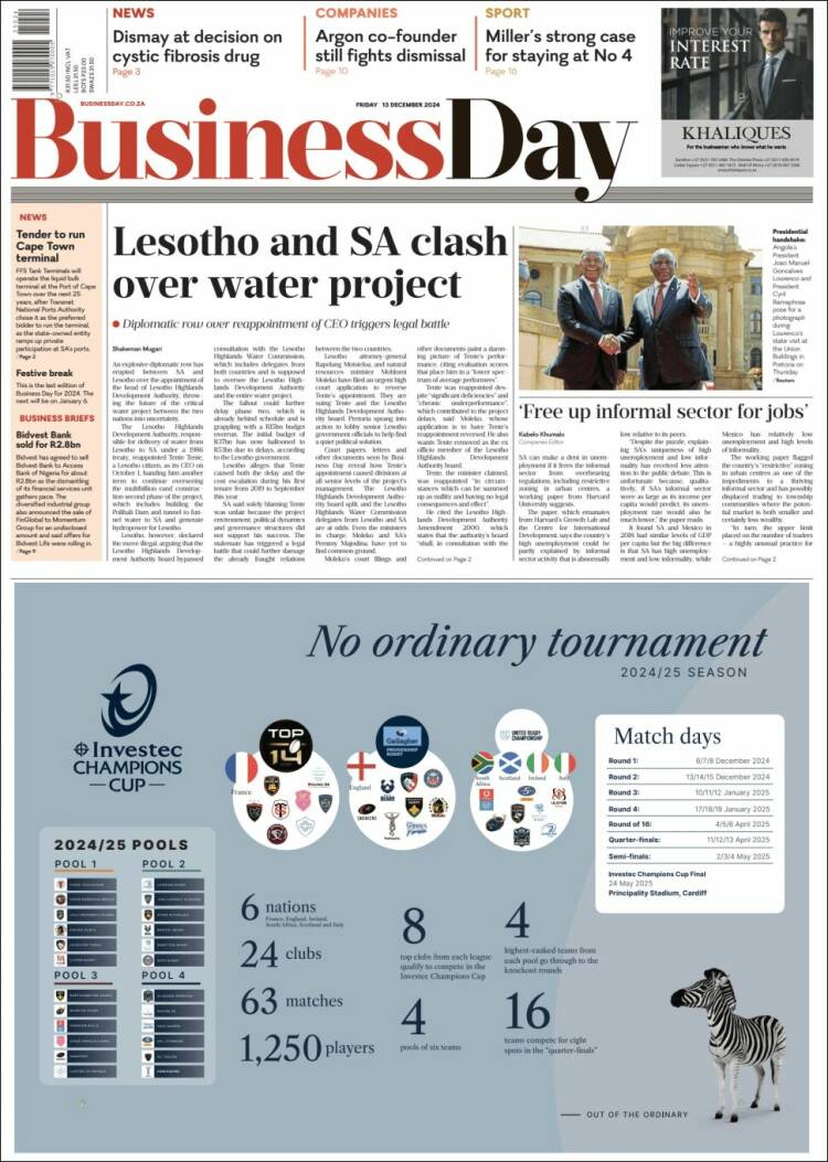 Portada de Business Day (Sud&aacute;frica)