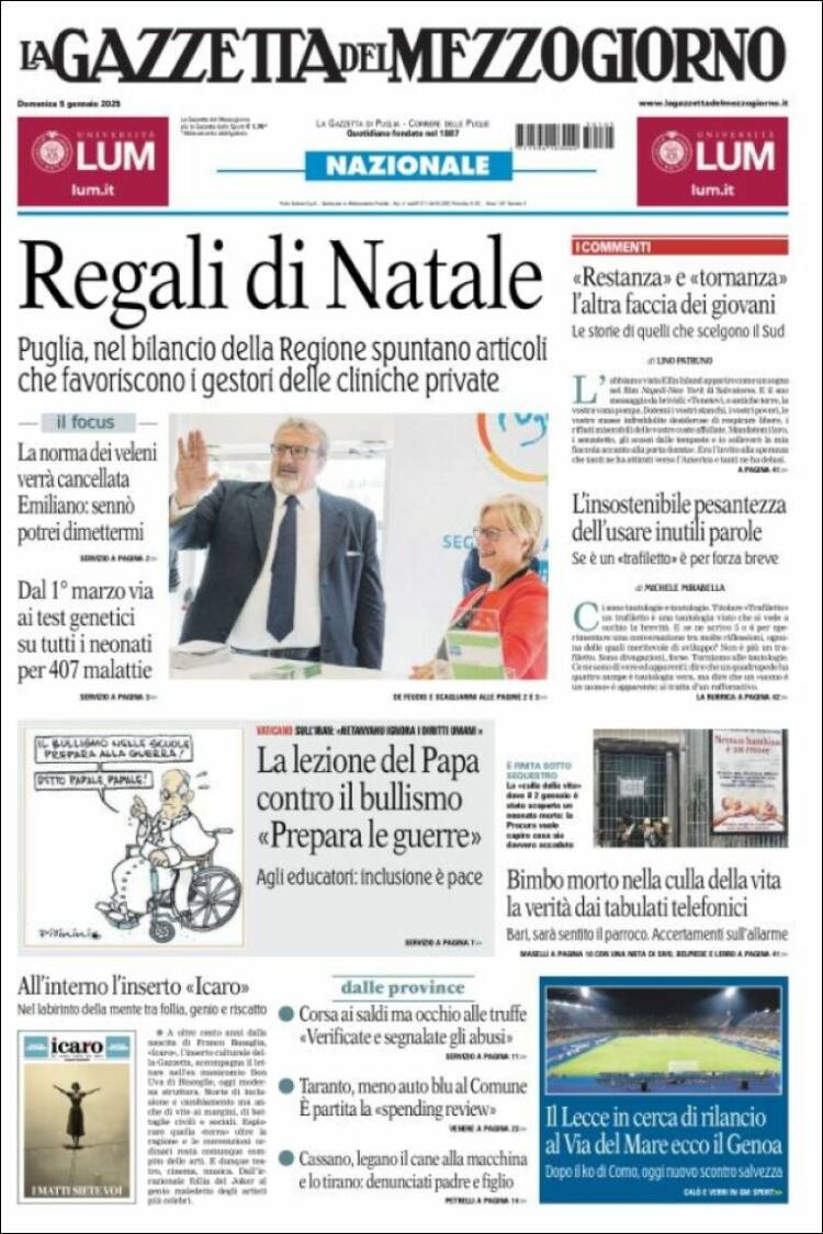 Portada de La Gazzetta del Mezzogiorno (Italia)