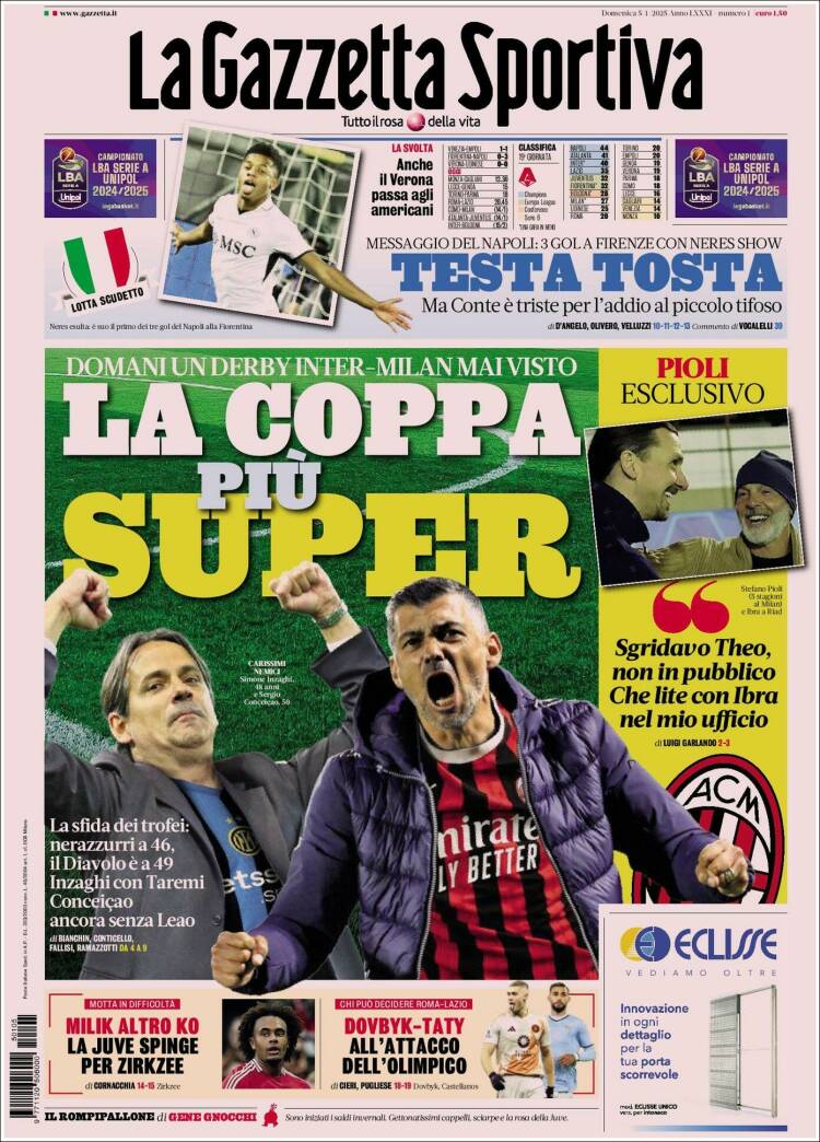 Portada de La Gazzetta dello Sport (Italia)