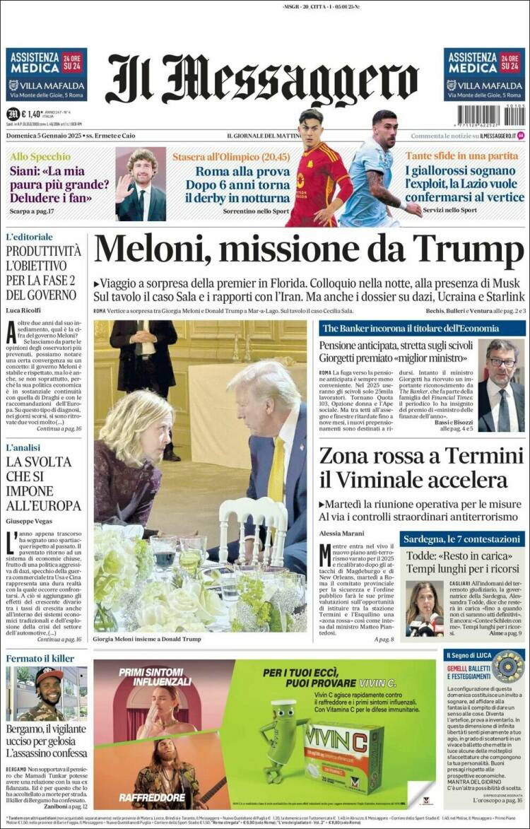 Portada de Il Messaggero (Italia)
