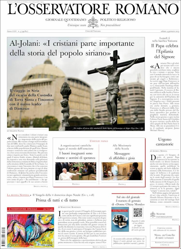 Portada de L'Osservatore Romano (Italia)