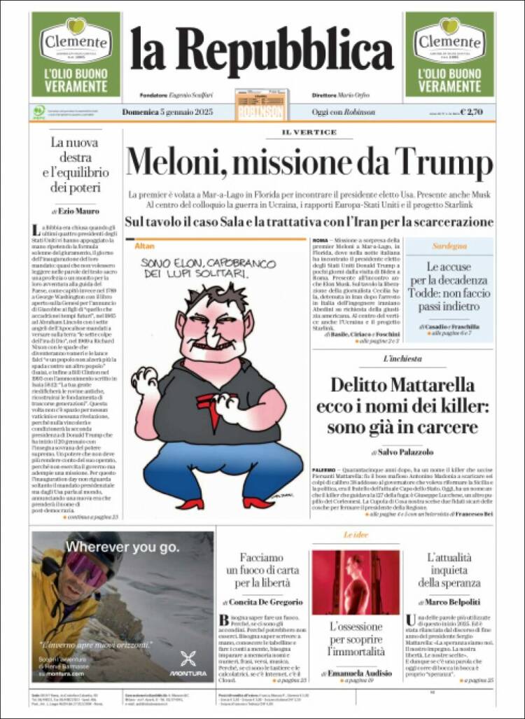 Portada de La Repubblica (Italia)