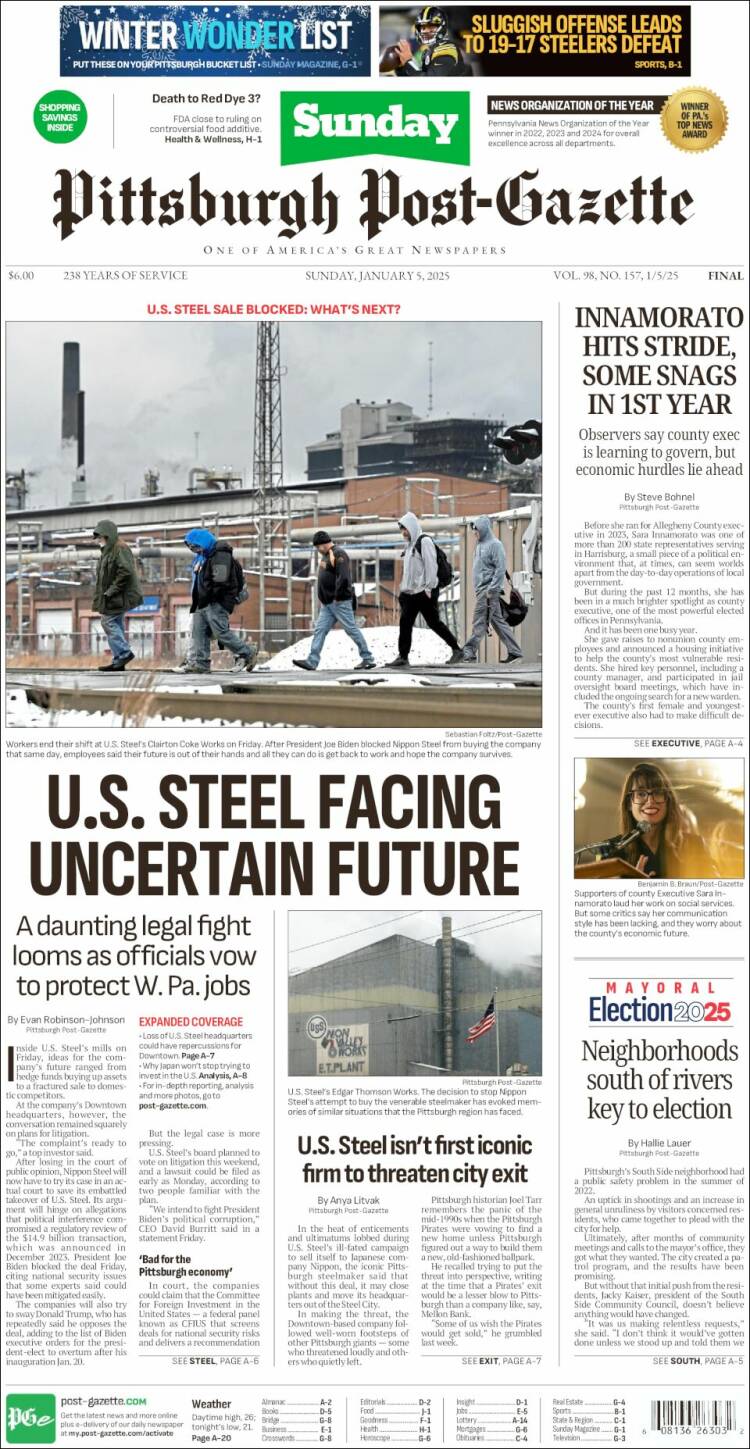 Portada de Pittsburgh Post-Gazette (USA)