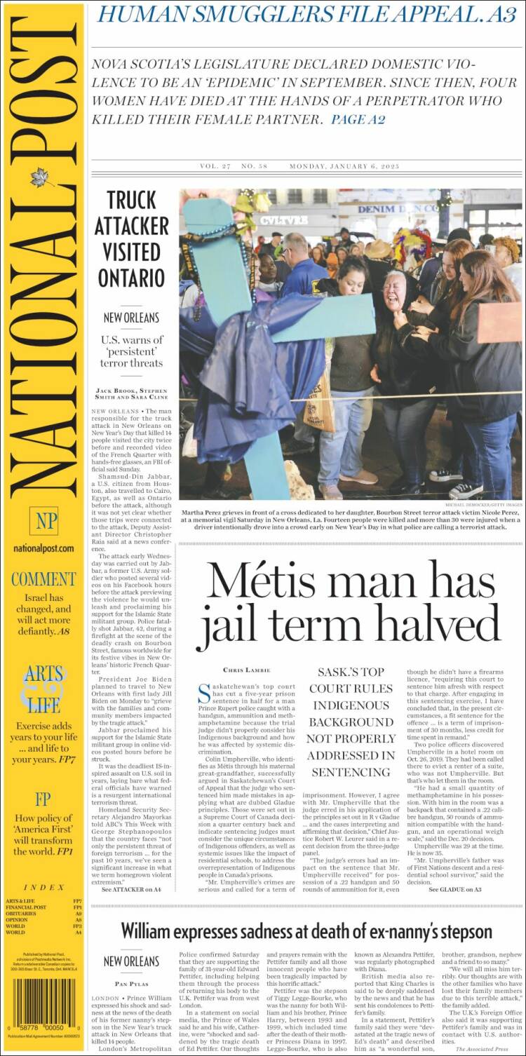 Portada de The National Post (Canadá)