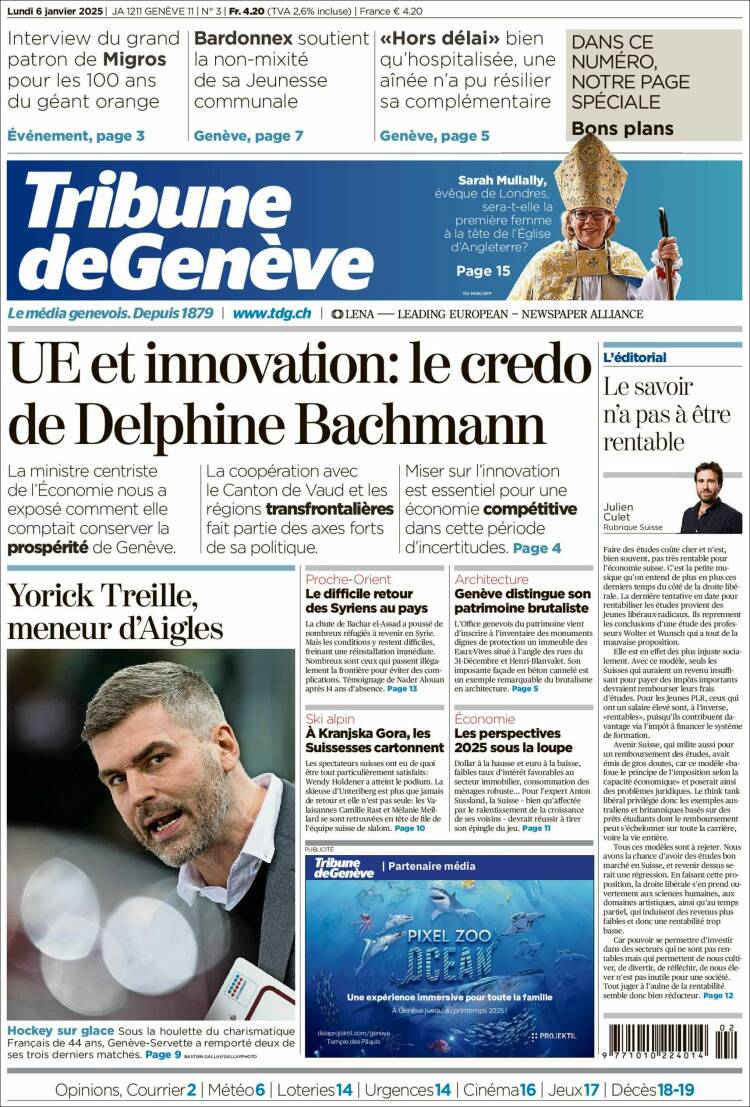 Portada de La Tribune de Genève (Suiza)