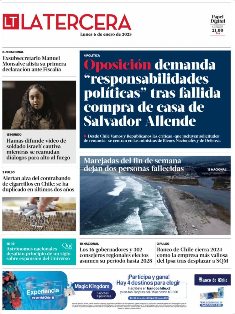 Portada de La Tercera (Chile)