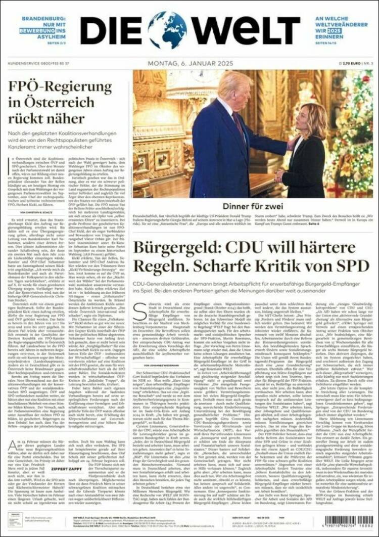 Portada de Die Welt (Alemania)