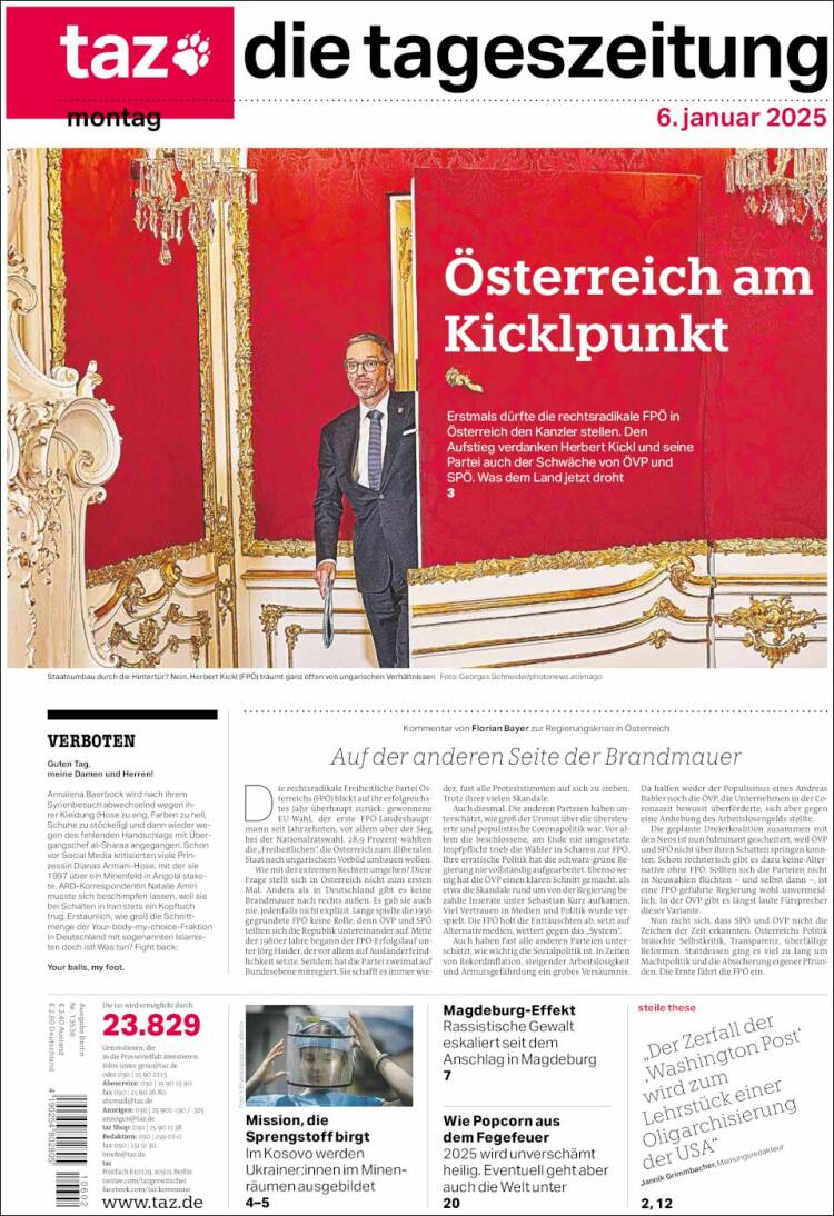 Portada de Die Tageszeitung (Alemania)