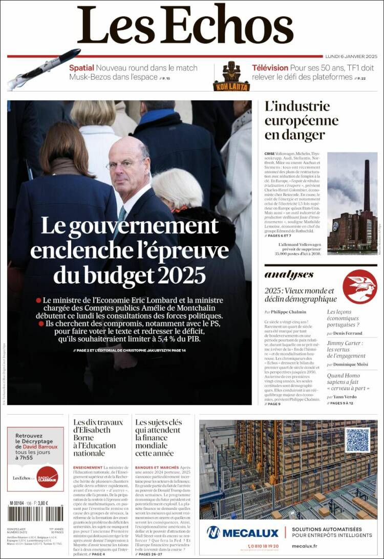Portada de Les Echos (Francia)