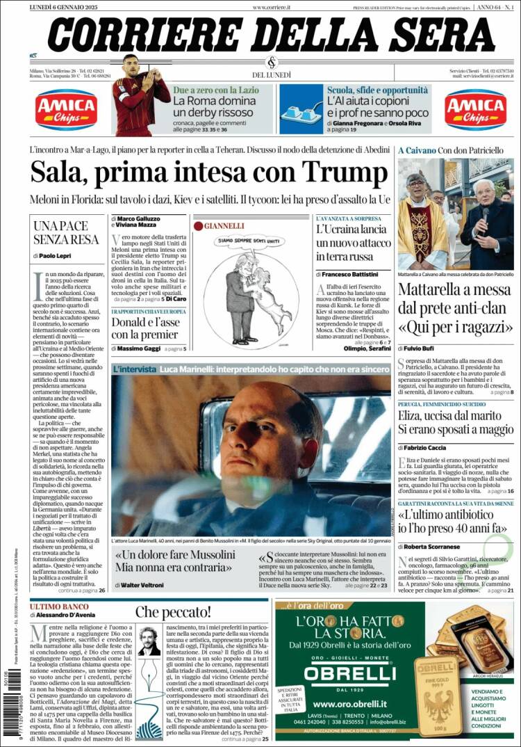 Portada de Corriere della Sera (Italia)