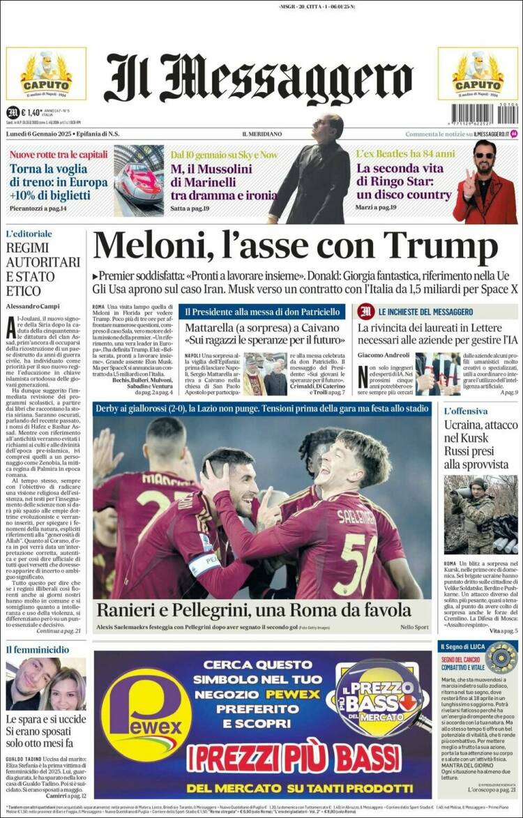 Portada de Il Messaggero (Italia)