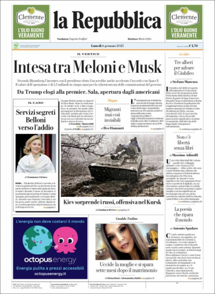 Portada de La Repubblica (Italia)