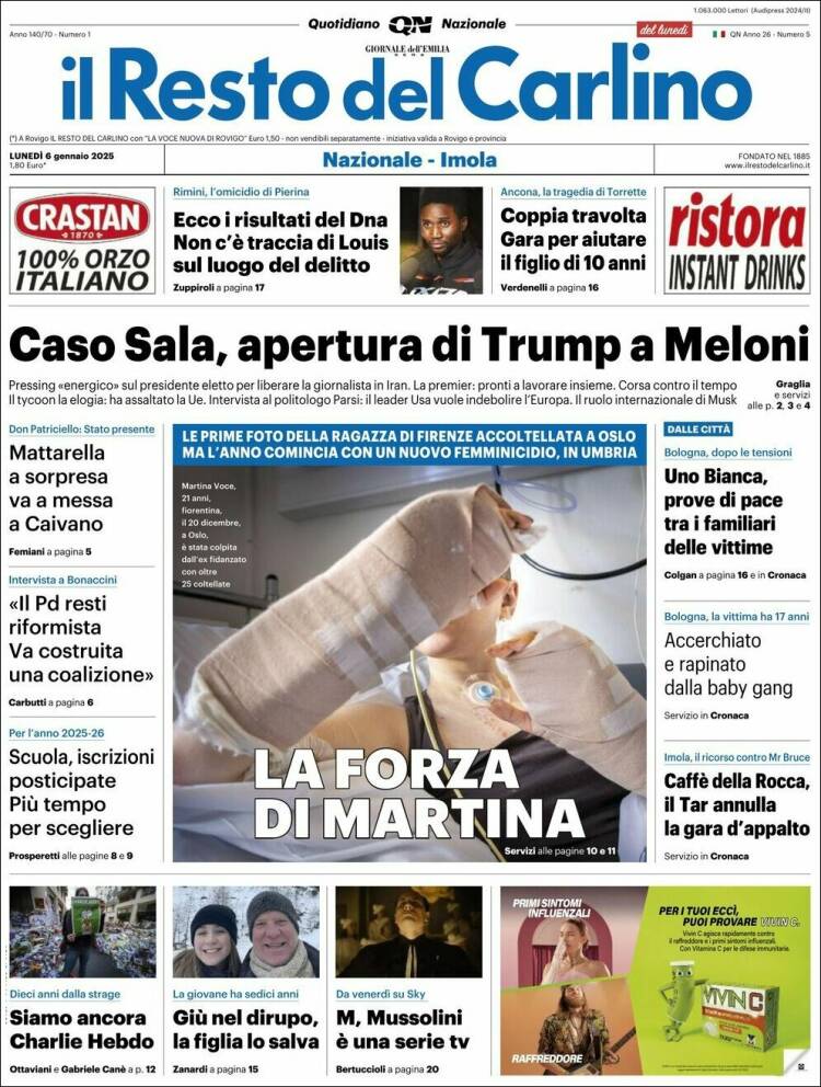 Portada de Il Resto del Carlino (Italia)
