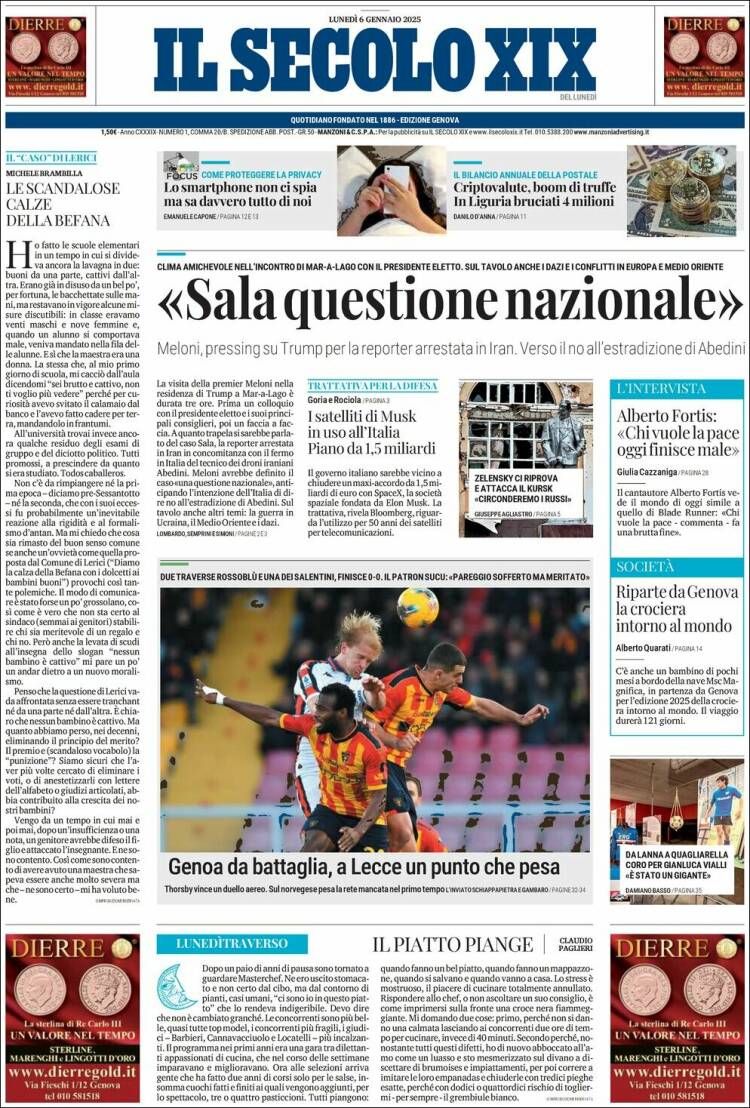 Portada de Il Secolo XIX (Italia)