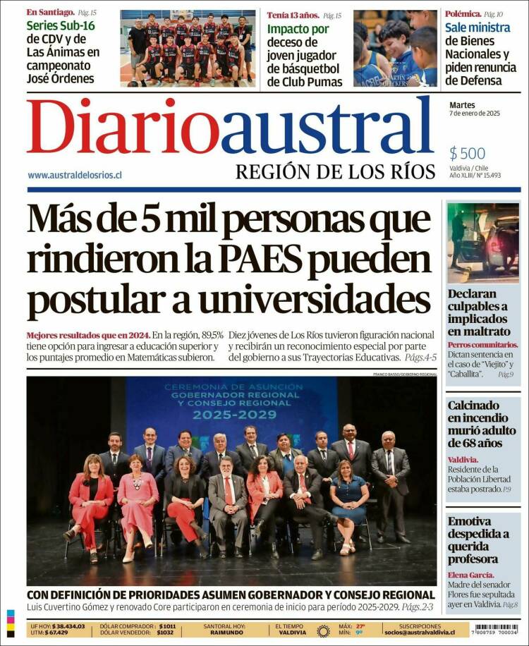 Portada de El Diario Austral de Valdivia (Chile)