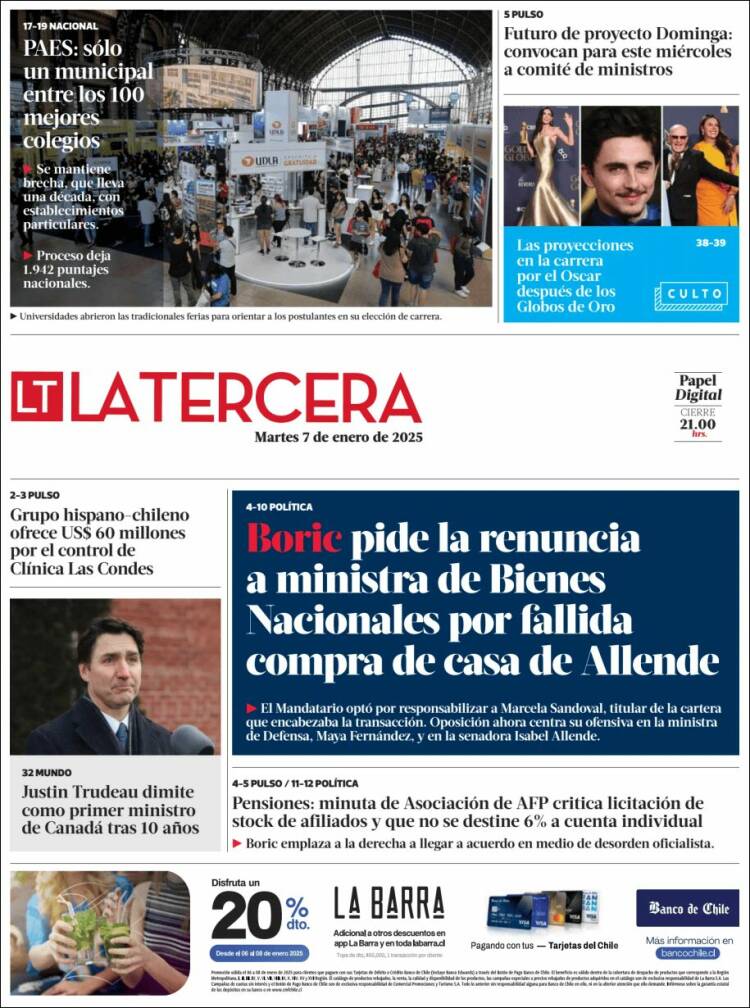 Portada de La Tercera (Chile)