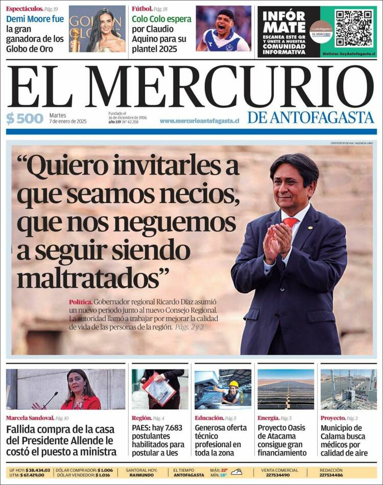 Portada de El Mercurio de Antofagasta (Chile)