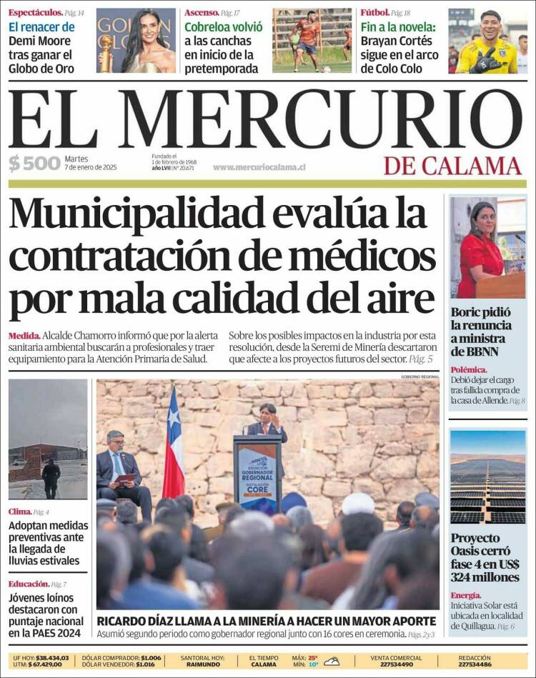 Portada de El Mercurio - Calama (Chile)
