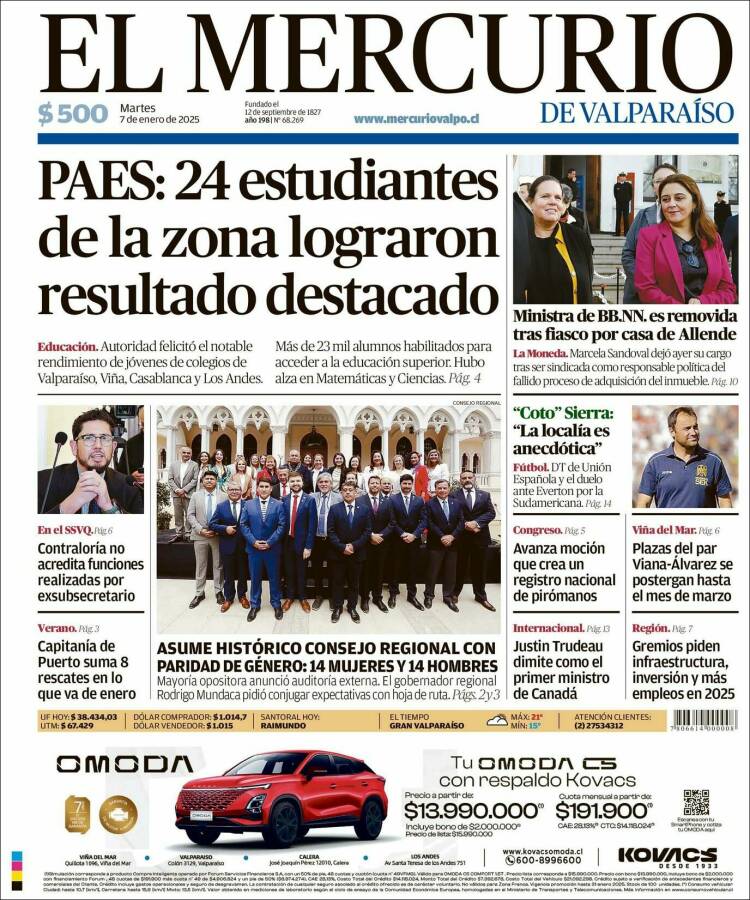 Portada de Mercurio de Valparaiso (Chile)