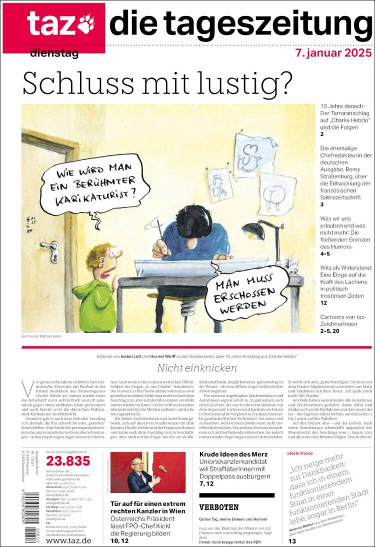 Portada de Die Tageszeitung (Alemania)