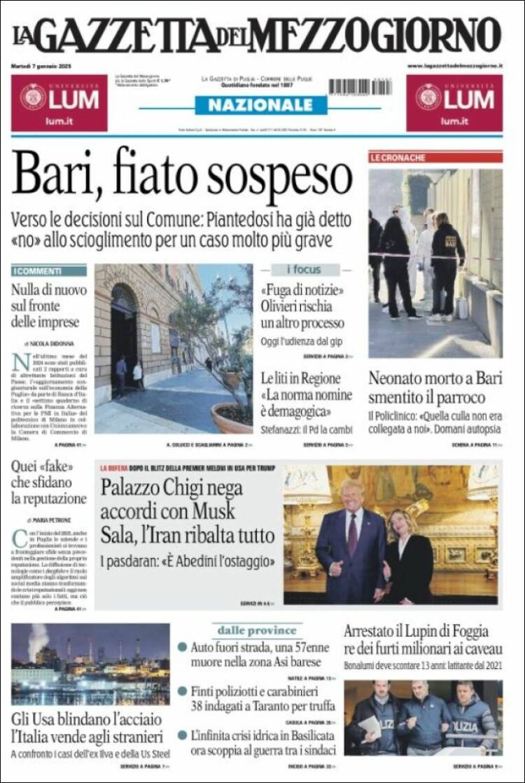 Portada de La Gazzetta del Mezzogiorno (Italia)