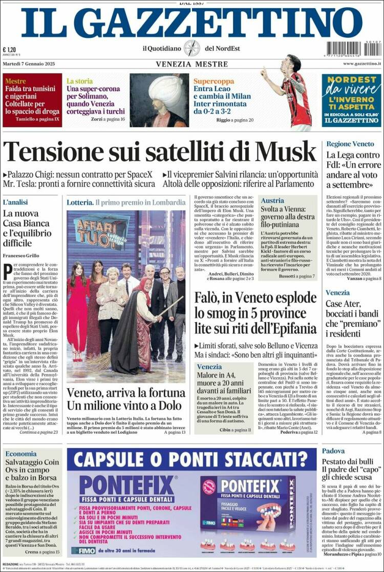 Portada de Il Gazzettino (Italia)