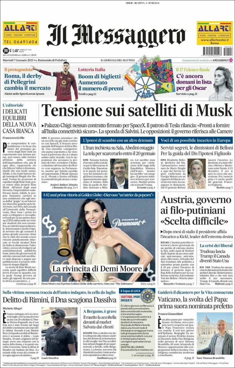 Portada de Il Messaggero (Italia)