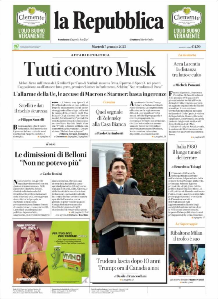 Portada de La Repubblica (Italia)