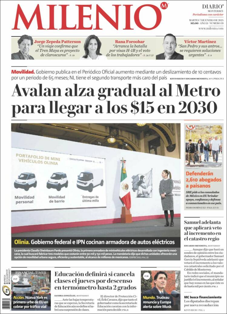 Portada de Milenio de Monterrey (México)