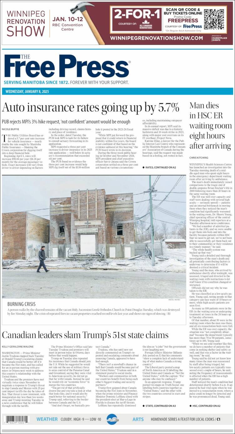 Portada de Winnipeg Free Press (Canadá)
