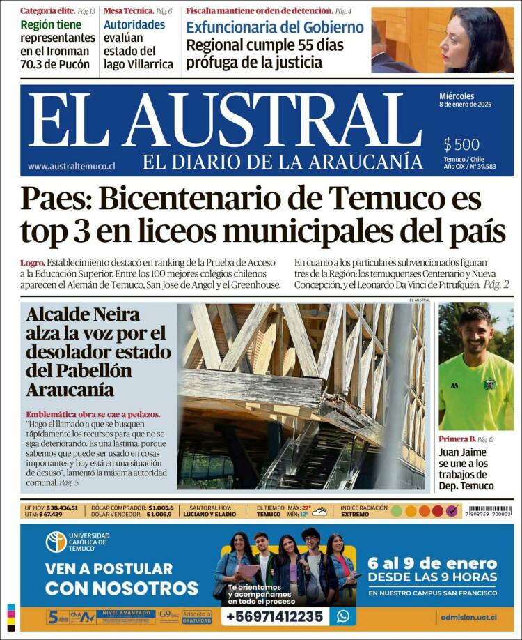 Portada de El Austral de Temuco (Chile)