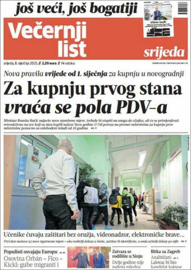 Portada de Večernji (Croacia)