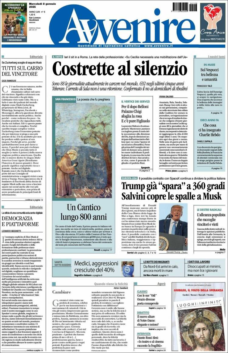Portada de Avvenire (Italia)