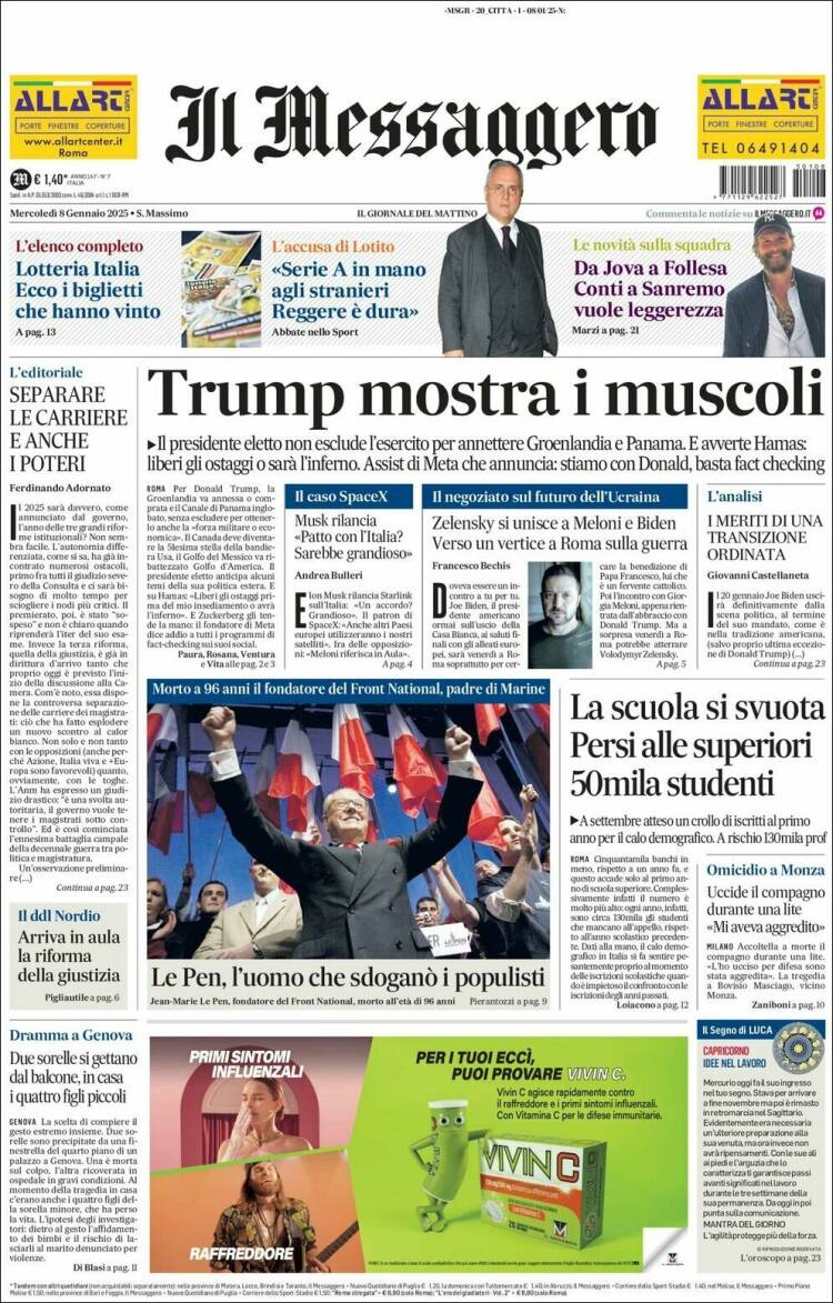 Portada de Il Messaggero (Italia)