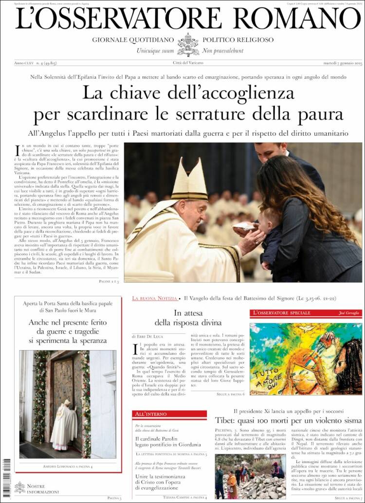 Portada de L'Osservatore Romano (Italia)