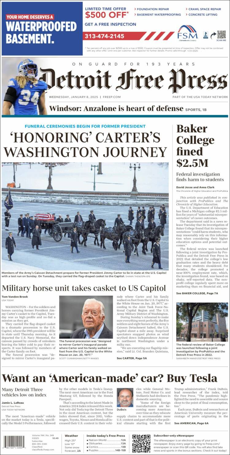 Portada de Detroit Free Press (USA)