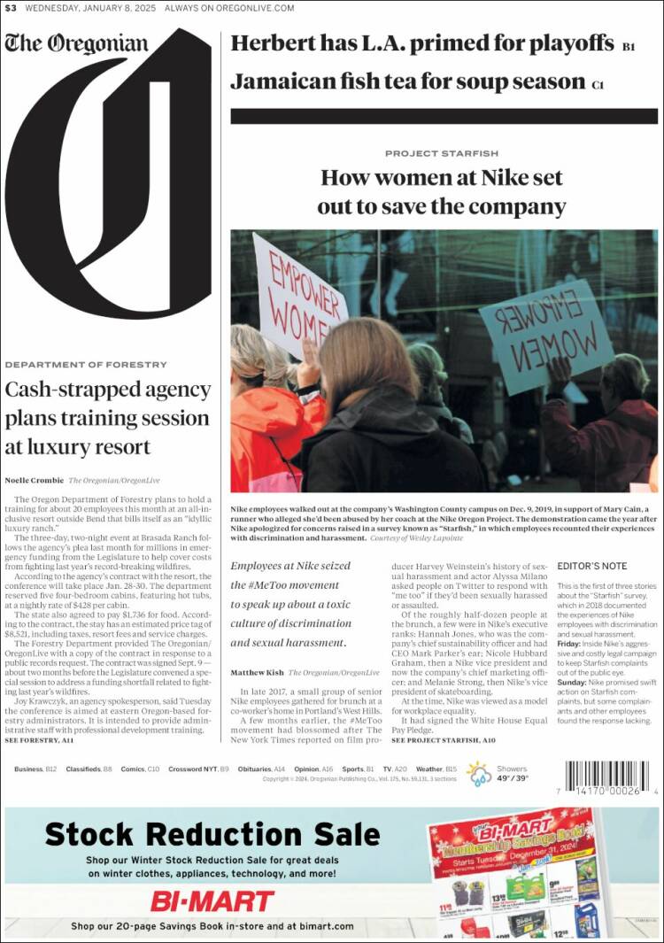 Portada de The Oregonian (USA)