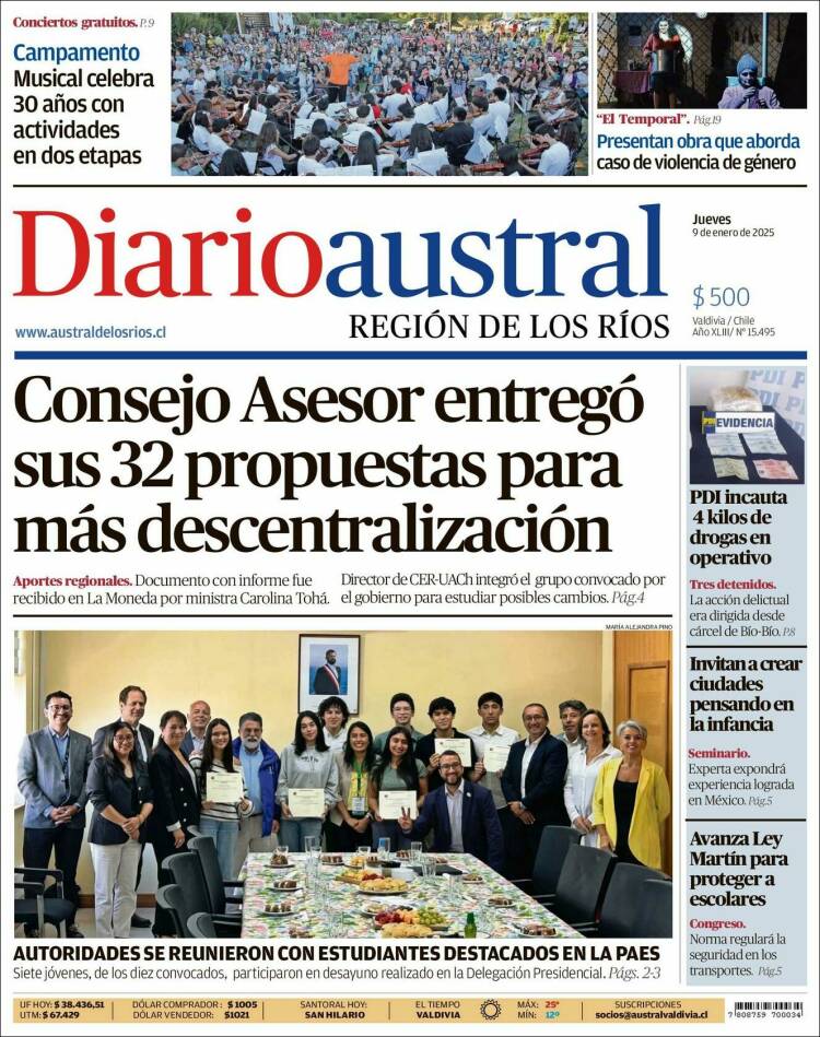 Portada de El Diario Austral de Valdivia (Chile)