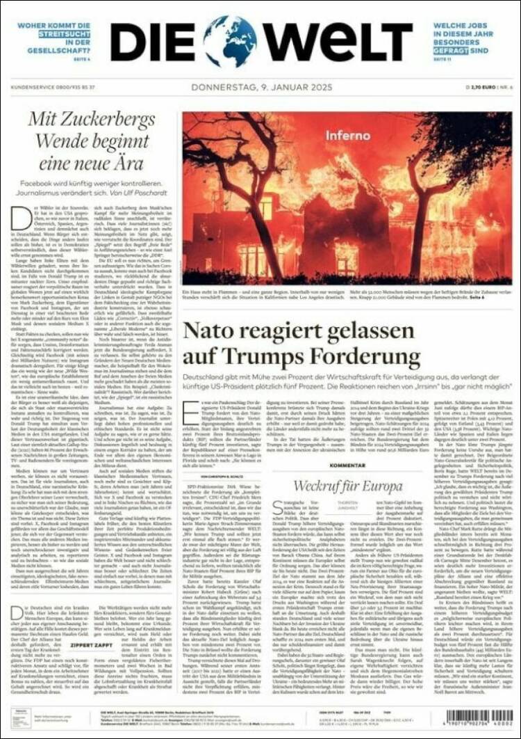 Portada de Die Welt (Alemania)
