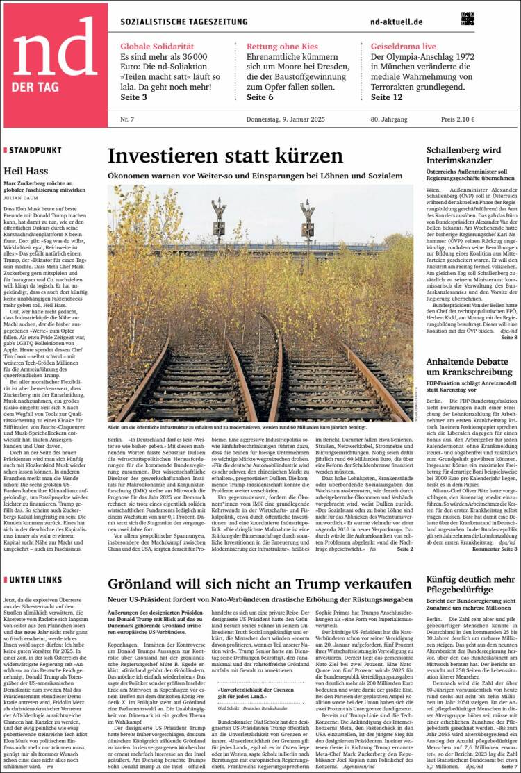 Portada de Neues Deutschland (Alemania)