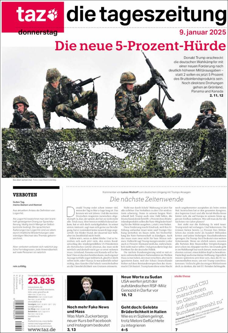 Portada de Die Tageszeitung (Alemania)