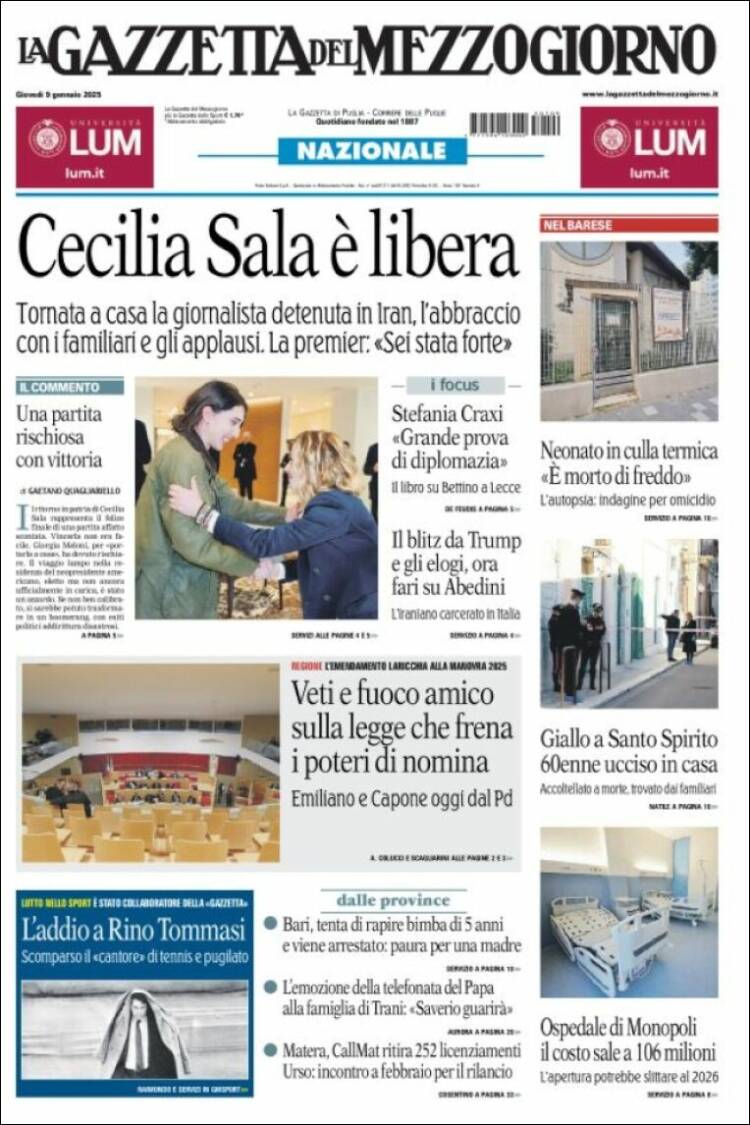 Portada de La Gazzetta del Mezzogiorno (Italia)