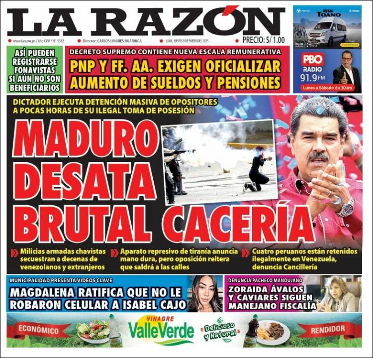 Periódico La Razón (Perú). Periódicos de Perú. Edición de jueves, 9 de