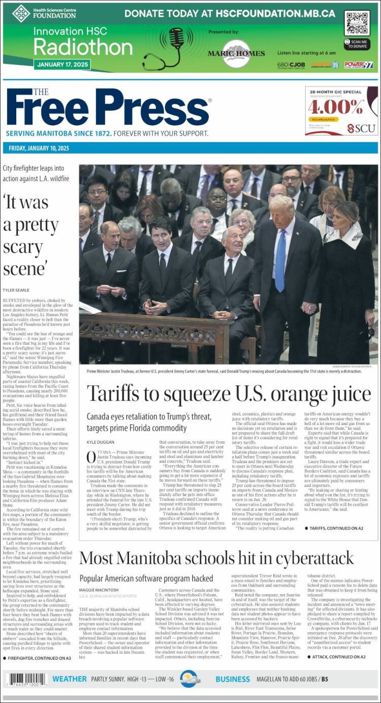 Portada de Winnipeg Free Press (Canadá)