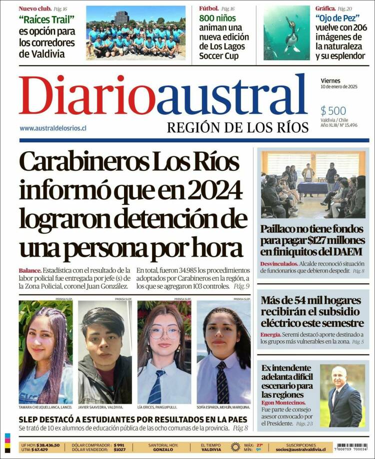 Portada de El Diario Austral de Valdivia (Chile)