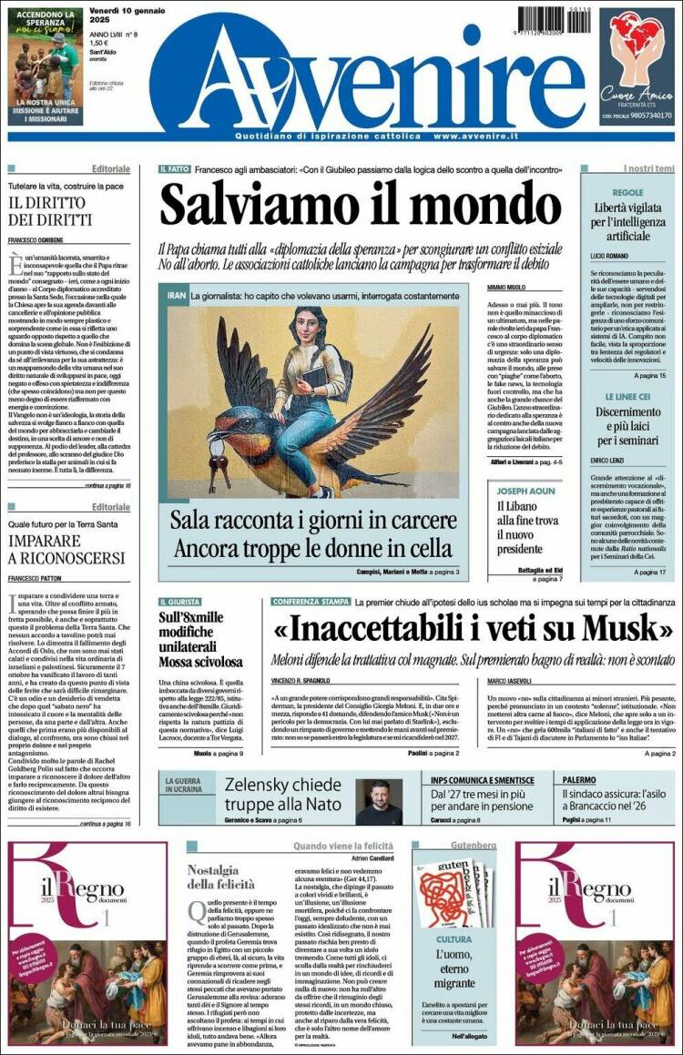 Portada de Avvenire (Italia)