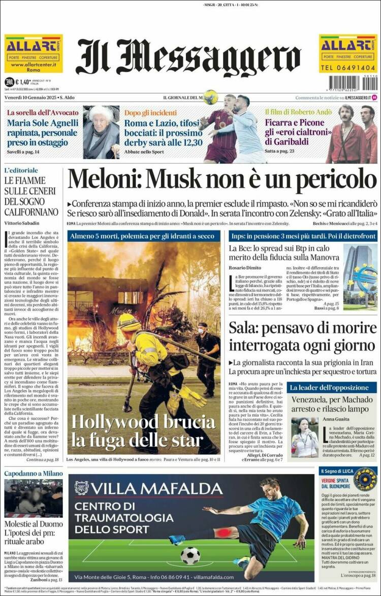 Portada de Il Messaggero (Italia)