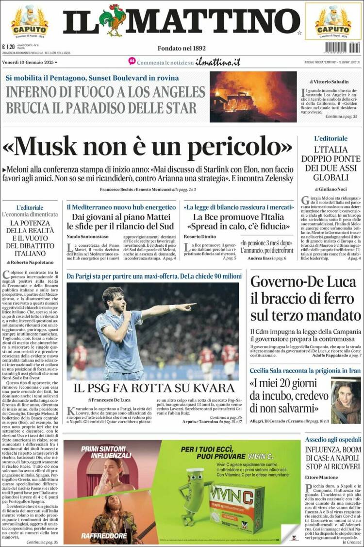 Portada de Il Mattino (Italia)