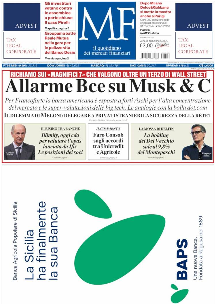 Portada de Milano Finanza (Italia)
